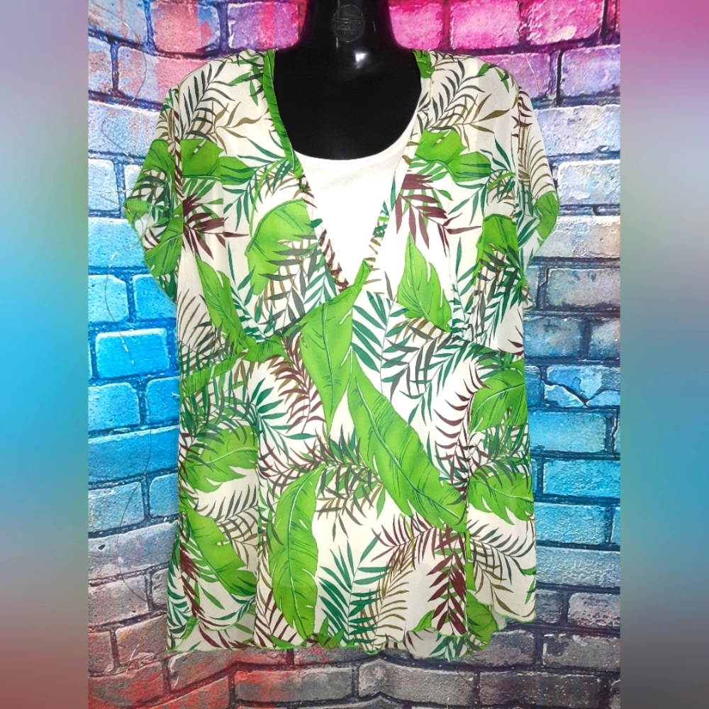 Sheer Green Leaf Print Women's Top W/built In White Tank Top 1X